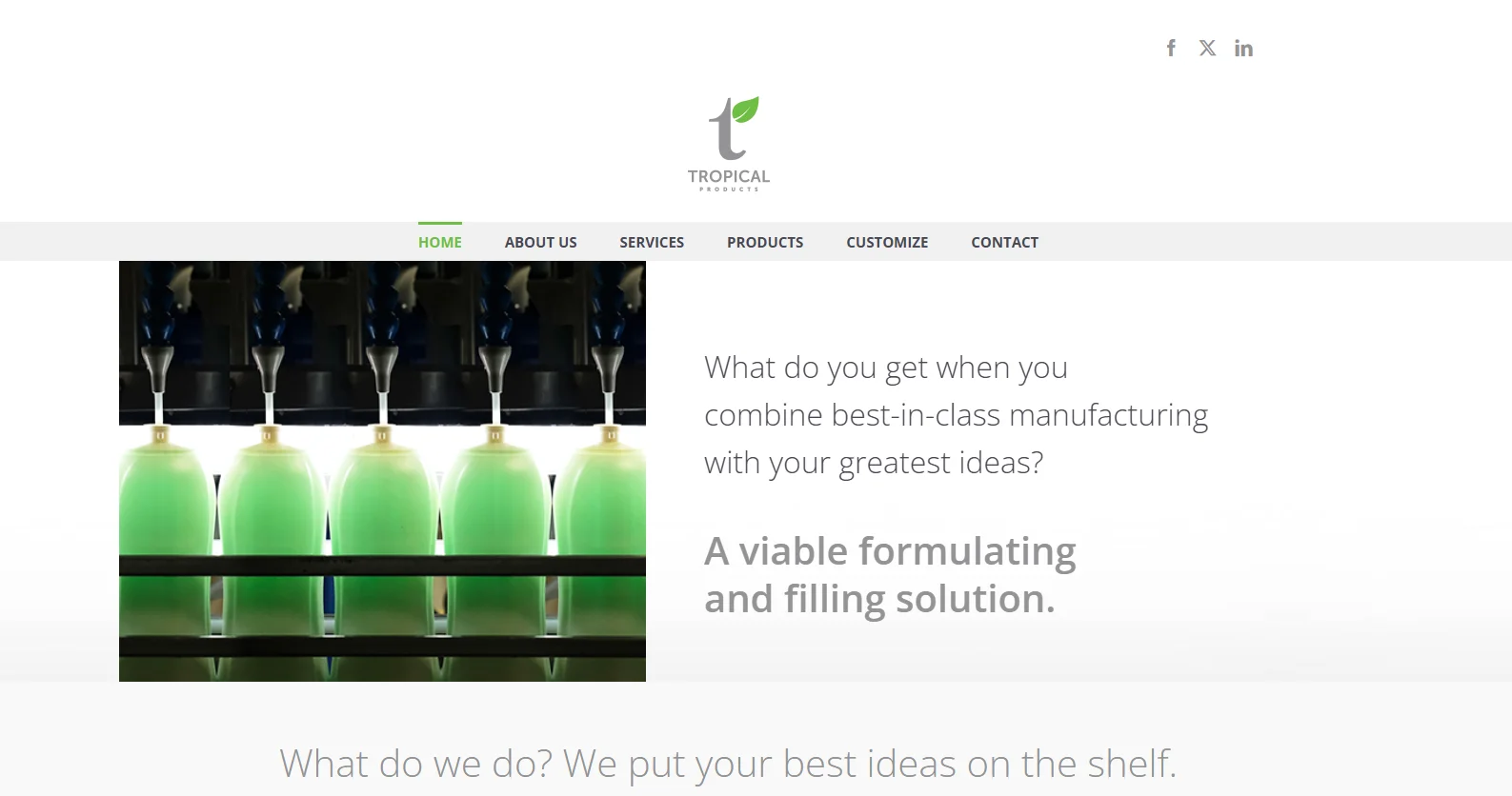 Green bottles being filled on a manufacturing line with overlay text promoting formulating and filling solutions by Tropical Products.